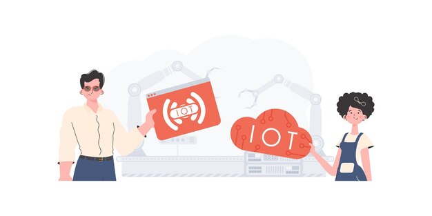 Das Mädchen und der Mann sind ein Team im Bereich Internet der Dinge (IOT) und Automatisierungskonzept, gut für Websites und Präsentationen. Vektorillustration im trendigen flachen Stil
