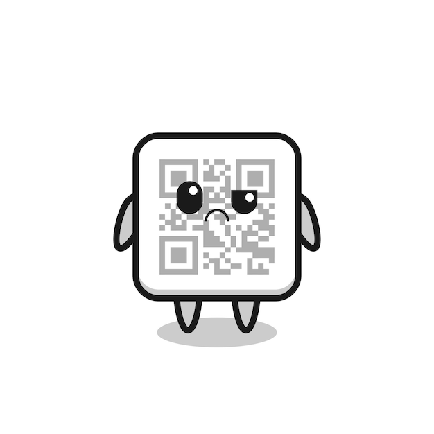 Das Maskottchen des QR-Codes mit skeptischem Gesicht