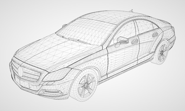 Das Modell trägt eine Premium-Limousine. Vektorillustration in Form eines schwarzen polygonalen dreieckigen Gitters auf einem grauen Hintergrund.