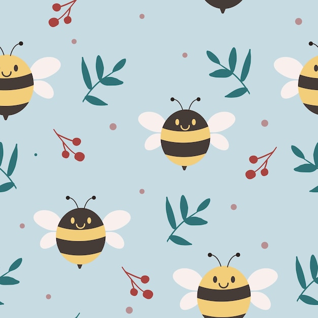 Das nahtlose muster der netten biene mit blatt im flachen vektorart-illustrationshintergrund