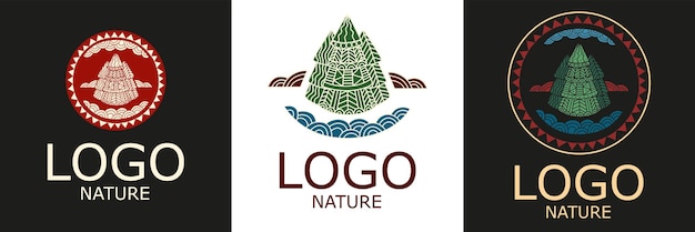Das Natur-Logo Weihnachtsbäume im ethnischen Stil und ein Fluss im Kreis