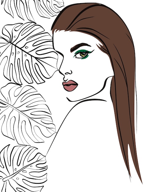 Das porträt der vektorfrau mit monsterblatt. tropische modeillustration.
