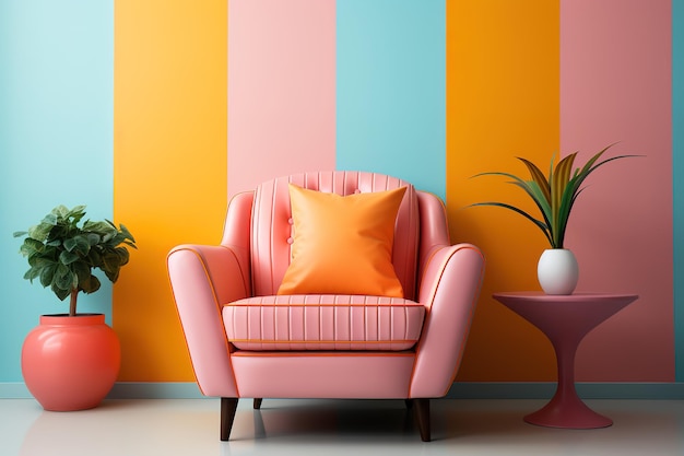 Vektor das rosa sofa mit weißem kissen steht im wohnzimmer mit blau-rosa wand