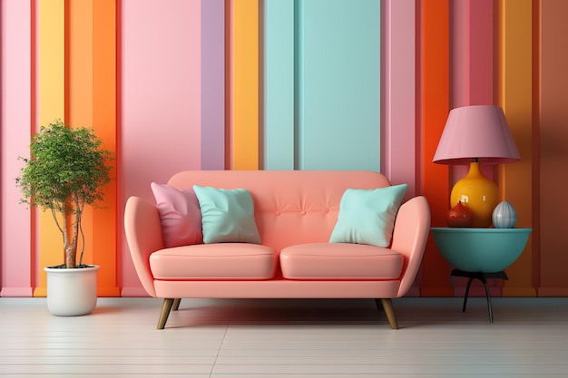 Vektor das rosa sofa mit weißem kissen steht im wohnzimmer mit blau-rosa wand