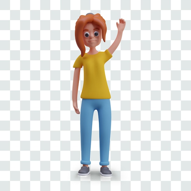 Das rothaarige Mädchen hebt die Hand. Die weibliche Figur zieht die Aufmerksamkeit auf sich und stellt Fragen.