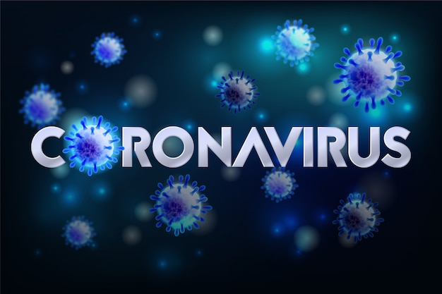 Das wort coronavirus mit covid-19-symbol und virushintergrund mit krankheitszellen