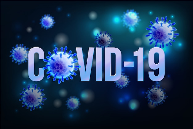 Das Wort COVID-19 mit Coronavirus-Symbol und Virushintergrund mit Krankheitszellen