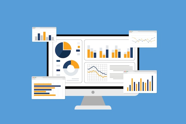 Data analytics and monitoring concept web dashboard with charts and graphs on computer screen