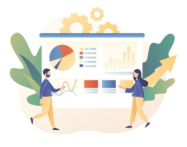Data Analytics consept Geschäftsanalyse Winzige Leute studieren die Infografik Teamwork Moderne flache Cartoon-Stil Vektor-Illustration auf weißem Hintergrund