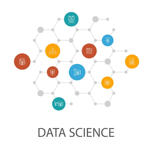 Data science-präsentationsvorlage, cover-layout und infografiken. maschinelles lernen, big data, datenbank, klassifizierung