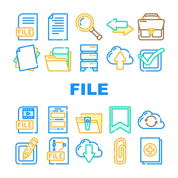 Datei-computer-digital-dokument-symbole setzen vektorgrafik- und video-elektronische dateien zum laden und hochladen in das cloud-speicher-rechenzentrum, gemeinsame nutzung und übertragung in internet-linien-farbillustrationen