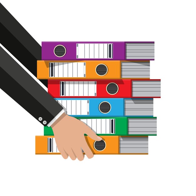 Dateien in der Hand, Ringbücher, bunte Büroordner. Seitenansicht. Bürokratie, Papierkram und Büro.