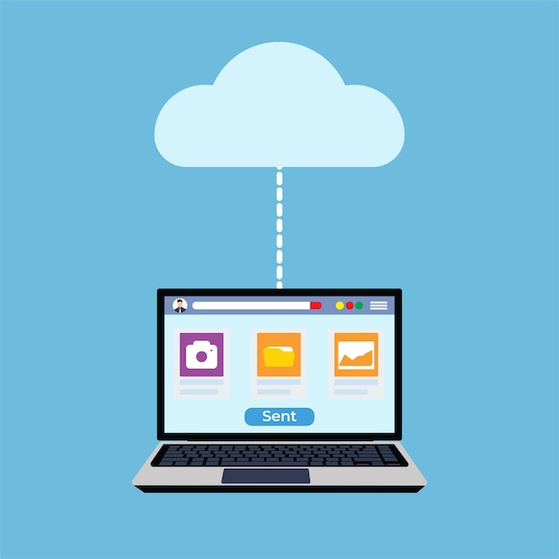 Dateien und Informationen, die auf das Cloud-Speicherkonzept übertragen werden Cloud-Server und Speicherkonzept mit einem Laptop, der Dateien teilt Bilddatei und Kamerasymbol in einem Laptop-Datentransformationskonzept