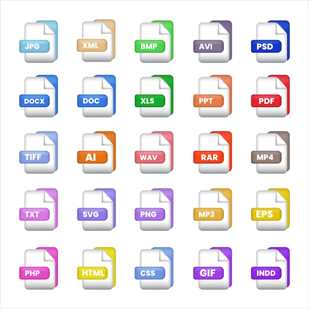 Vektor dateiformat labels icon set vektor illustration verschiedene dateiformate vektor icon illustration farbe