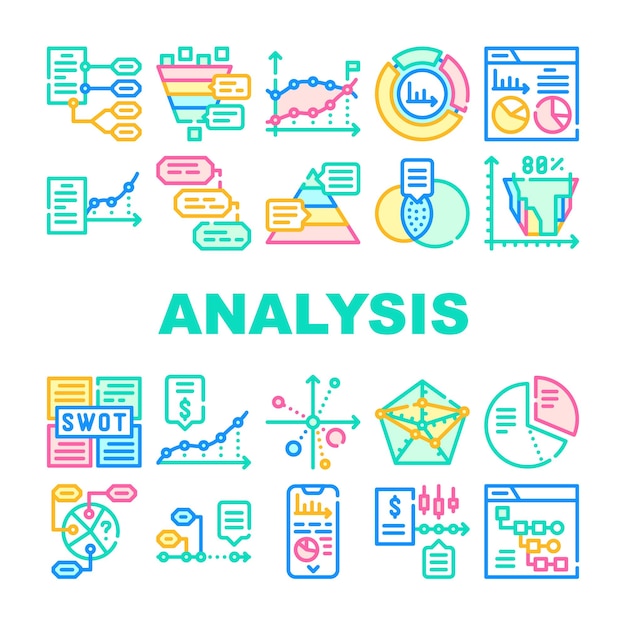 Vektor datenanalyse-diagramm-sammlungssymbole setzen vektor-finanz- und swot-analyse, wirtschaft und geschäftsanalytik, infografik und diagramm-forschungskonzept, lineare piktogramme, farbkontur-illustrationen