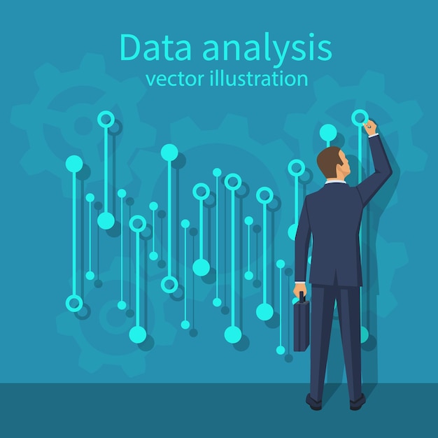 Datenanalyse geschäftsmann im anzug mit aktenkoffer, der statistische daten mit diagrammdiagrammen darstellt finanzstatistik, die strategieentwicklung berichtet flaches design der vektorillustration