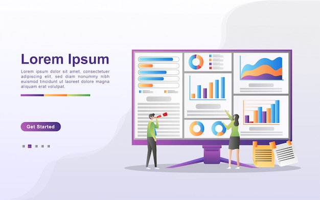 Datenanalyse-konzept. leute analysieren diagrammbewegungen und geschäftsentwicklung. datenverwaltung, prüfung und berichterstattung. kann für web-landing-page, banner, flyer, mobile app verwenden.