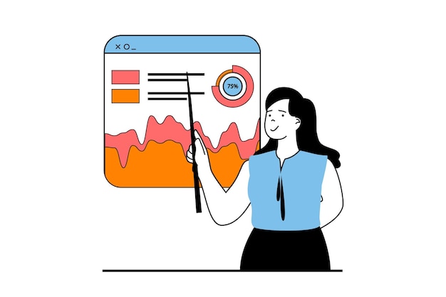 Datenanalysekonzept mit menschenszene im flachen webdesign frau recherchiert diagramme und zeigt diagramme bei finanzpräsentationen vektorillustration für social-media-banner-marketingmaterial