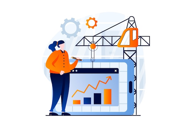 Datenanalysekonzept mit personenszene im flachen cartoon-design frau, die mit statistiken bei der präsentation arbeitet, die wachstumsdiagramme analysiert, buchhaltung und prüfung visuelle geschichte der vektorillustration für das web