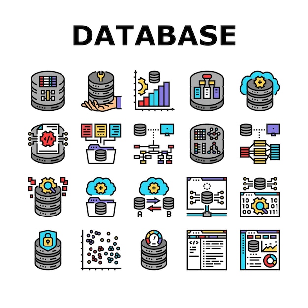 Datenbank-Administrator-Server-Symbole setzen Vektor-Technologie, Business-Laptop-Computer, Cloud-System, Netzwerk-Ingenieur, Internet, Datenbank-Administrator-Server, Farblinien-Illustrationen