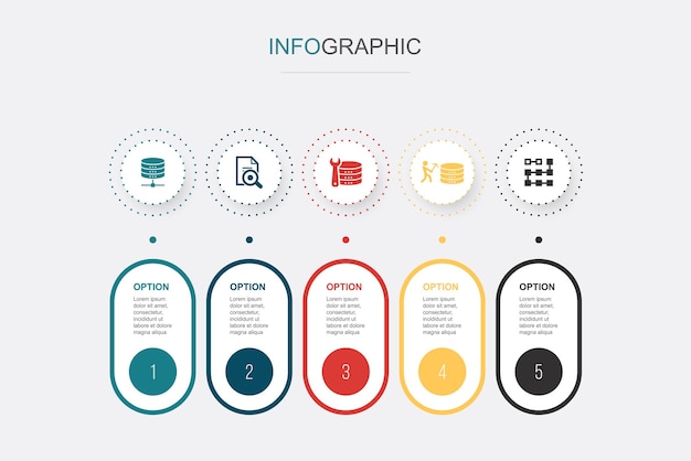Datenbank-Datenanalyse Data Engineering Data-Mining-Clustering-Symbole Infografik-Designvorlage Kreatives Konzept mit 5 Schritten