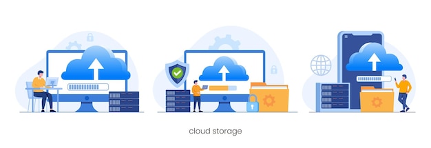 Datenbankschutzkonzept, rechenzentrum, dateiverwaltung, flacher illustrationsvektor des cloud-speichers