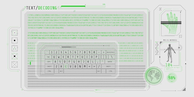 Dateneingabe und Textdekodierung auf einem futuristischen Schnittstellenbildschirm