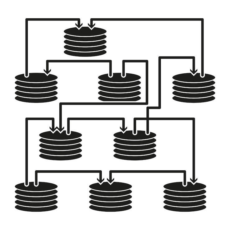 Vektor datenflussdiagramm mit mehreren stapeln schwarz-weiß-datenbankstruktur