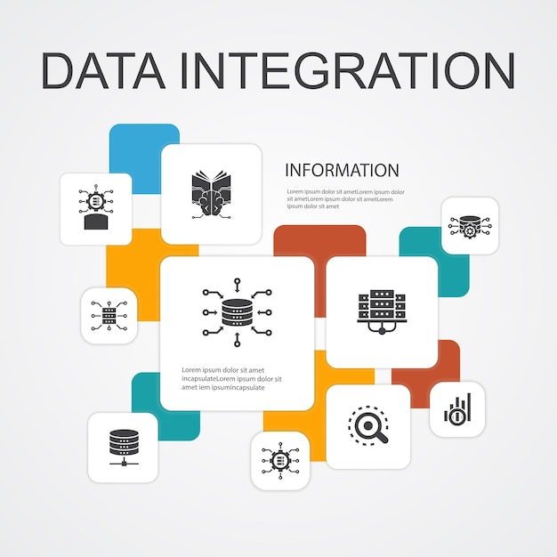 Datenintegration Infografik 10-Linien-Symbole-Vorlage. Datenbank, Datenwissenschaftler, Analytics, Machine Learning einfache Symbole