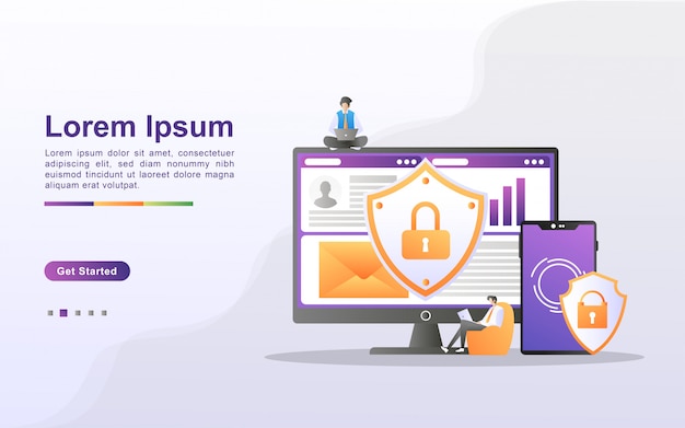 Datenschutzkonzept. die mitarbeiter sichern die datenverwaltung und schützen die daten vor hackerangriffen. sichern und speichern sie wichtige daten. kann für web-landing-page, banner, mobile app verwenden.