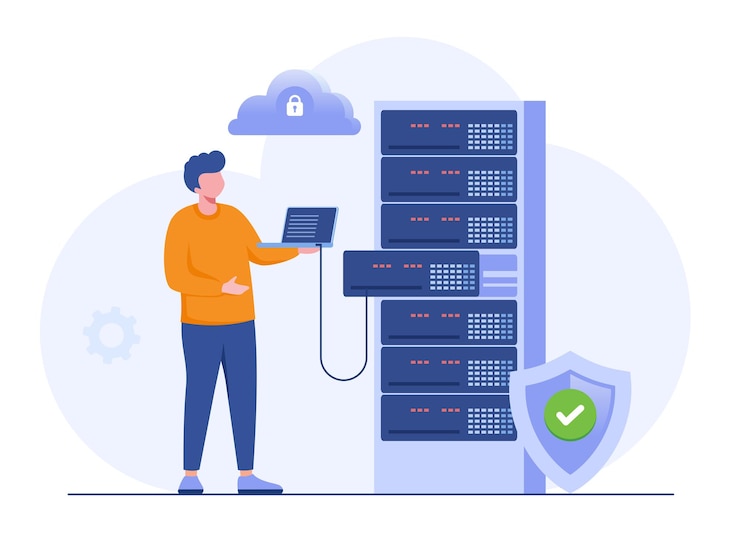 Vektor datenserver-konzept speichertechnologie cloud-system-datenbank vorlage der personenszene vektorillustration mit charakteraktivitäten in flachem design für website-ordner-rechenzentrum