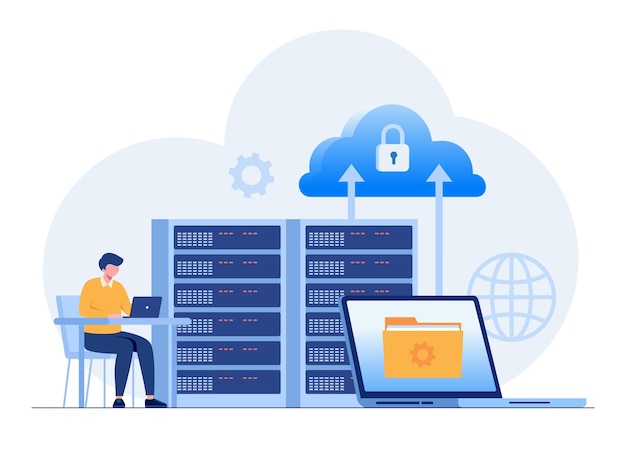 Vektor datenserver-webkonzept speichertechnologie-datenbank vorlage der personenszene vektorillustration mit charakteraktivitäten in flachem design für websiteordner