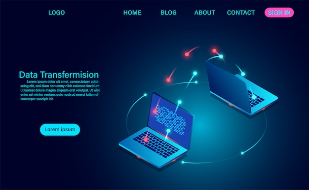 Datenübertragung und datenaustausch zwischen computern. vektor-illustration isometrischen stil