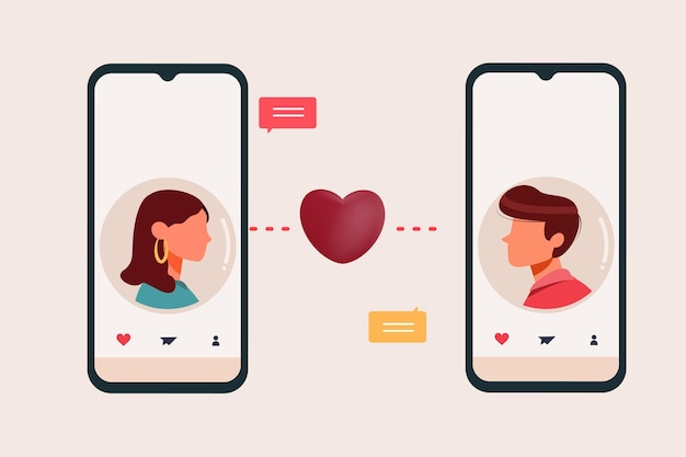 Vektor dating-app-flaches design-konzept mann und frau senden nachricht mit smartphone im dating-app-vektor