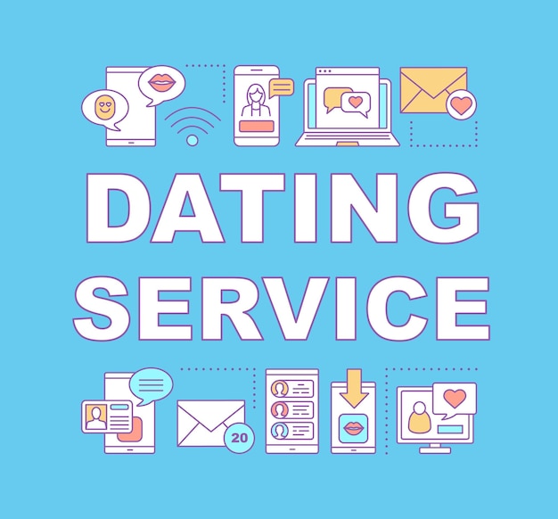 Dating-service-wort-konzepte-banner. romantisches chatten, messaging. liebe matchmaking-app. präsentation, webseite. isolierte schrifttypografie-idee mit linearen symbolen. vektor-umriss-abbildung