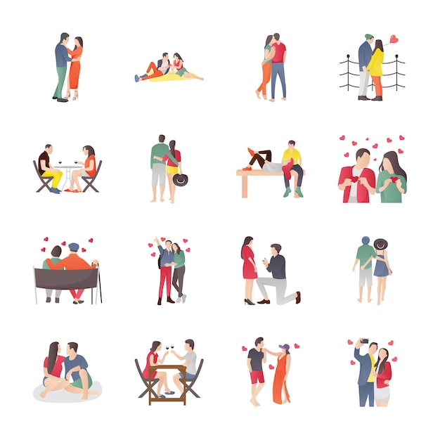 Dating und abendessen paare icons set