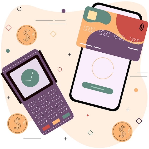 Debit- oder Kreditkarte und elektronisches Zahlungsterminal Konzept des kontaktlosen Zahlungssystems