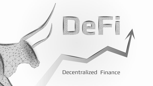 Defi Decentralized Finance bullischer Trend mit einem polygonalen Stierkopf und einem Aufwärtspfeil auf weißem Hintergrund Vektorillustration