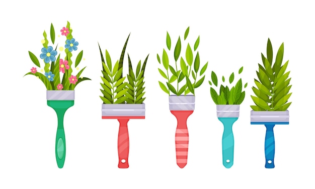 Dekorative Blätter und Blumen aus dem Pinsel-Vektor-Set