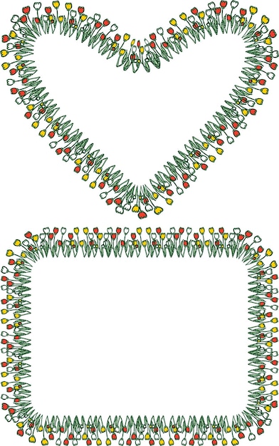 Dekorative grußränder aus gezeichneten bunt blühenden tulpen