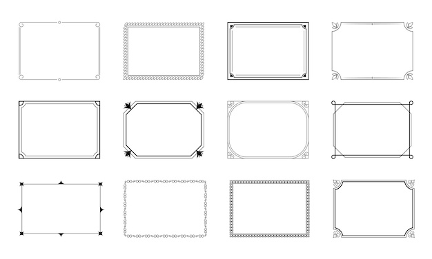 Vektor dekorative schwarz-weiße vintage-rahmen und ränder setzen retro-zierrahmen-rechteck-ornamente