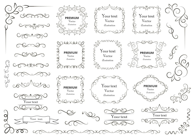 Dekorative wirbel oder schriftrollen vintage-rahmen gedeihen etiketten und trennwände retro-vektorillustration