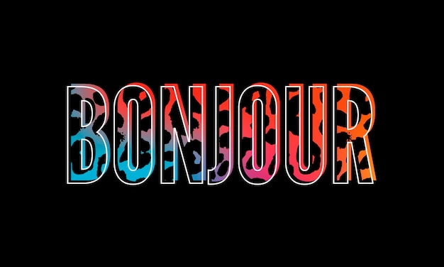 Dekorativer bonjour hello slogan text mit leopardenfell hintergrund