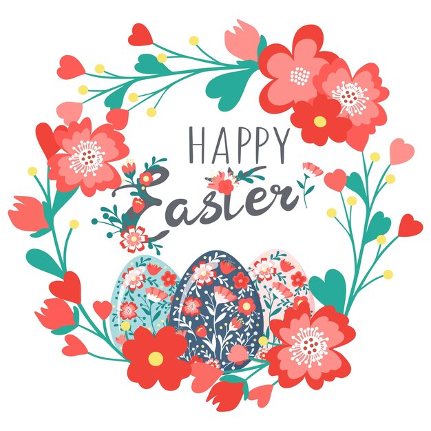 Dekorativer handgezeichneter süßer Kranz, Ostereier mit Blumen, Blättern, Text. Schriftzug Frohe Ostern. Frühlingsblumen bunter Rahmen. Abstrakte Vektorillustration lokalisiert auf weißem Hintergrund