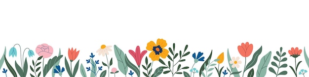 Dekorativer Rahmen-Randfries mit Blumen, Tulpenblättern, Lilienblättern Vektorkopierraum im Doodle-Stil