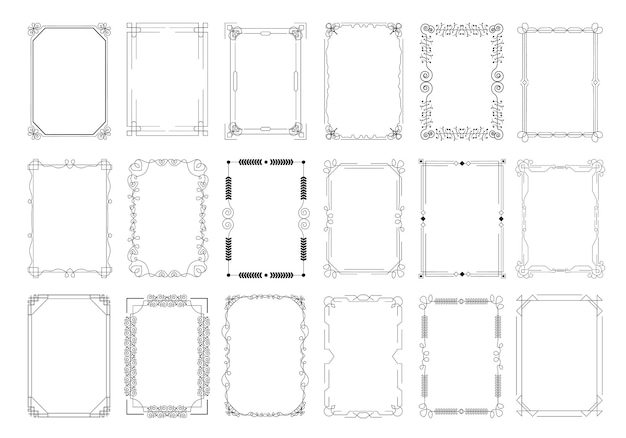 Dekorativer rahmen, verzierter rand und elegantes vignettenset. schwarze filigrane dekorative bilderrahmen-design-rechteckform mit leerer leerraum-vektor-illustration isoliert auf weißem hintergrund