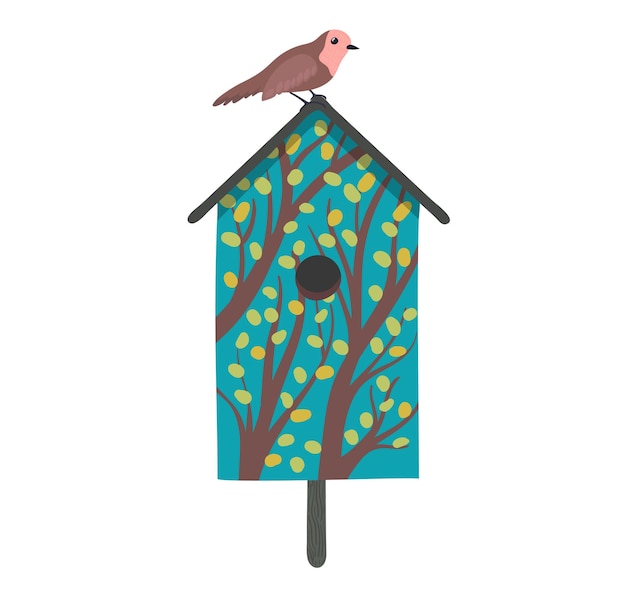 Vektor dekoratives, handgefertigtes vogelhaus für geflügel mit wildtiercharakter, isoliert auf weißer cartoon-vektorillustration gemütlicher blauer nistkasten