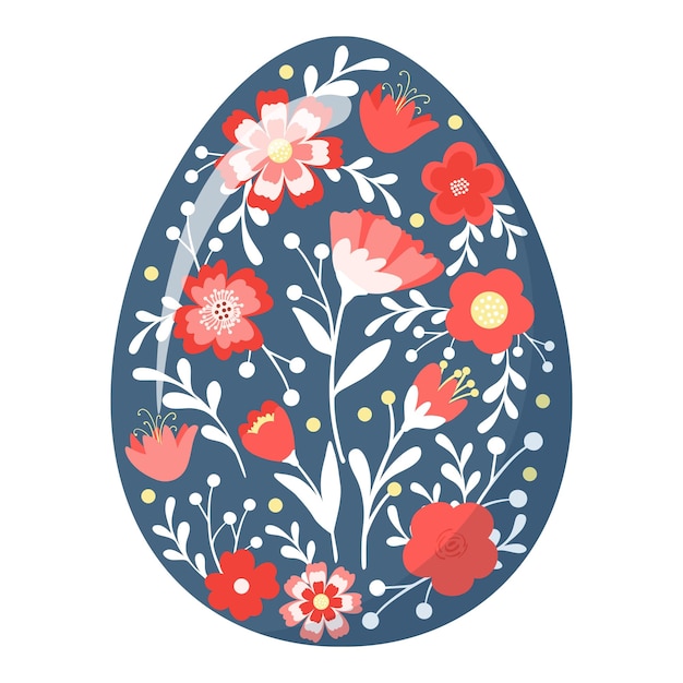 Dekoratives handgezeichnetes Ei mit süßen Blumen, Blättern. Frohe Ostern. Buntes mit Blumenei des Frühlinges lokalisiert auf weißem Hintergrund. Abstrakte Gekritzelvektorillustration für Grußkarte, Einladung