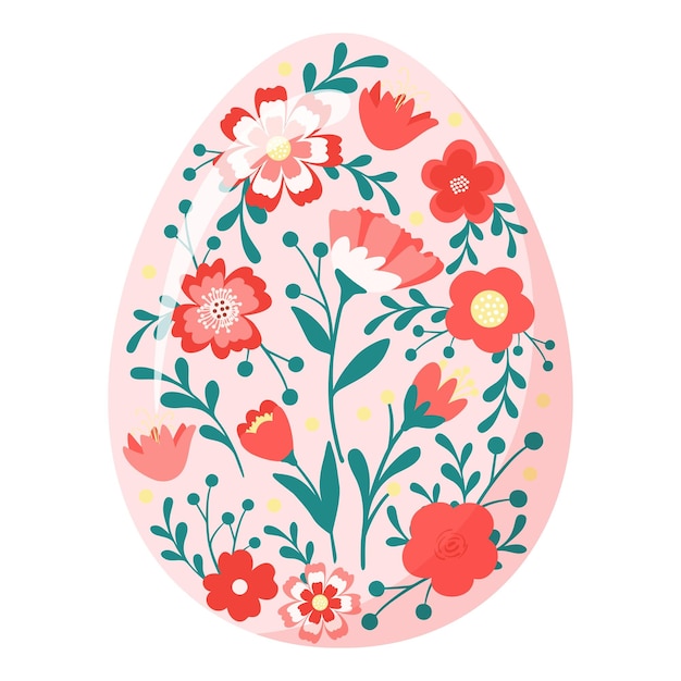 Dekoratives handgezeichnetes Ei mit süßen Blumen, Blättern. Frohe Ostern. Buntes mit Blumenei des Frühlinges lokalisiert auf weißem Hintergrund. Abstrakte Gekritzelvektorillustration für Grußkarte, Einladung