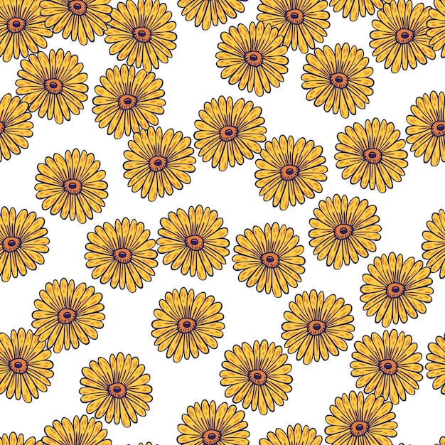 Dekoratives nahtloses Muster mit gelegentlichem gelbem Sonnenblumenelementdruck. Isolierte Blumenkulisse. Vektorillustration für saisonale Textildrucke, Stoffe, Banner, Hintergründe und Tapeten.